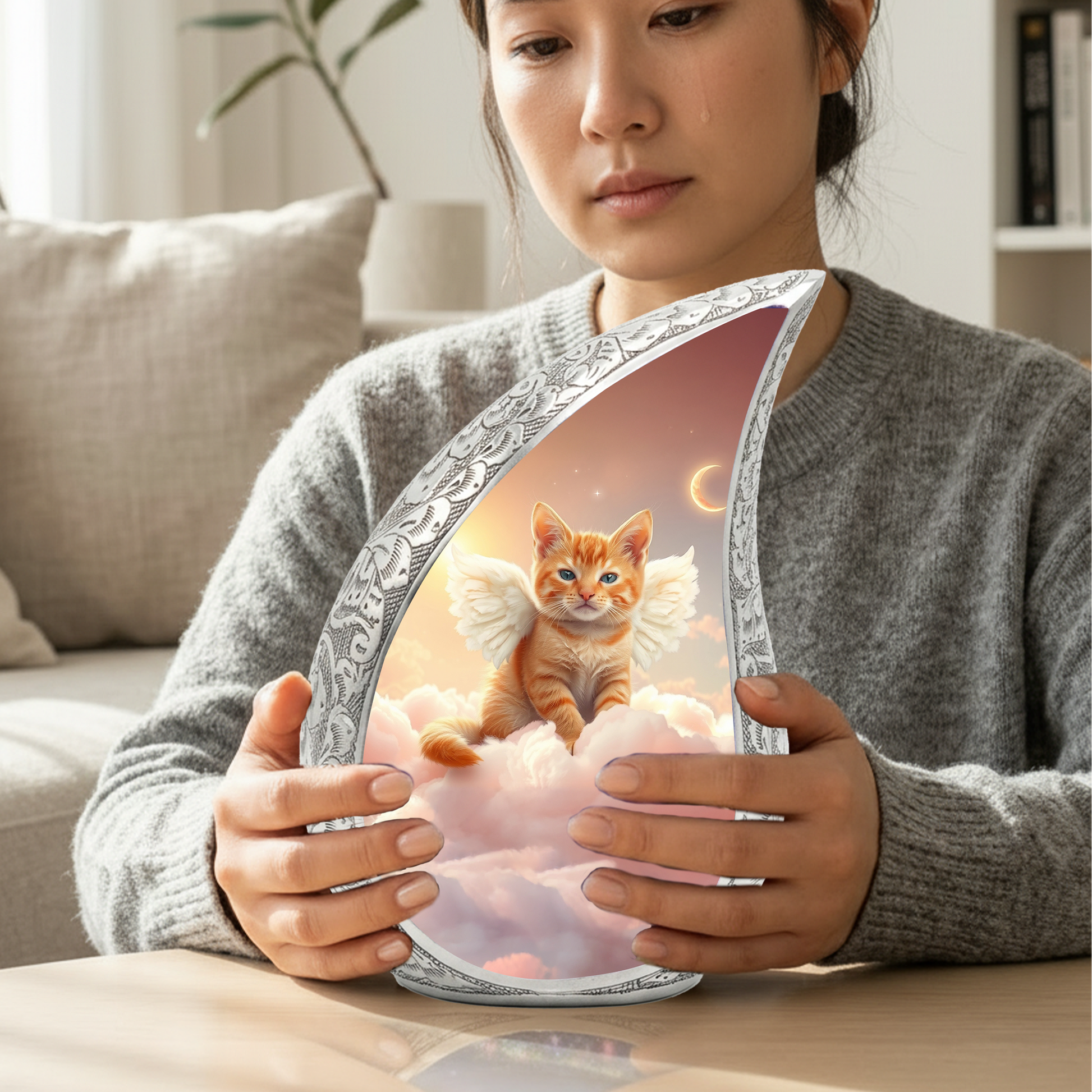 Personalized Cat Cremation Urn – Angel Cat Memorial Teardrop Urn, 10 Inch Aluminum