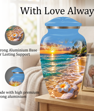 Tropical Beach Sunset Memorial Urn, Plumeria Flower Urn for Human Ashes