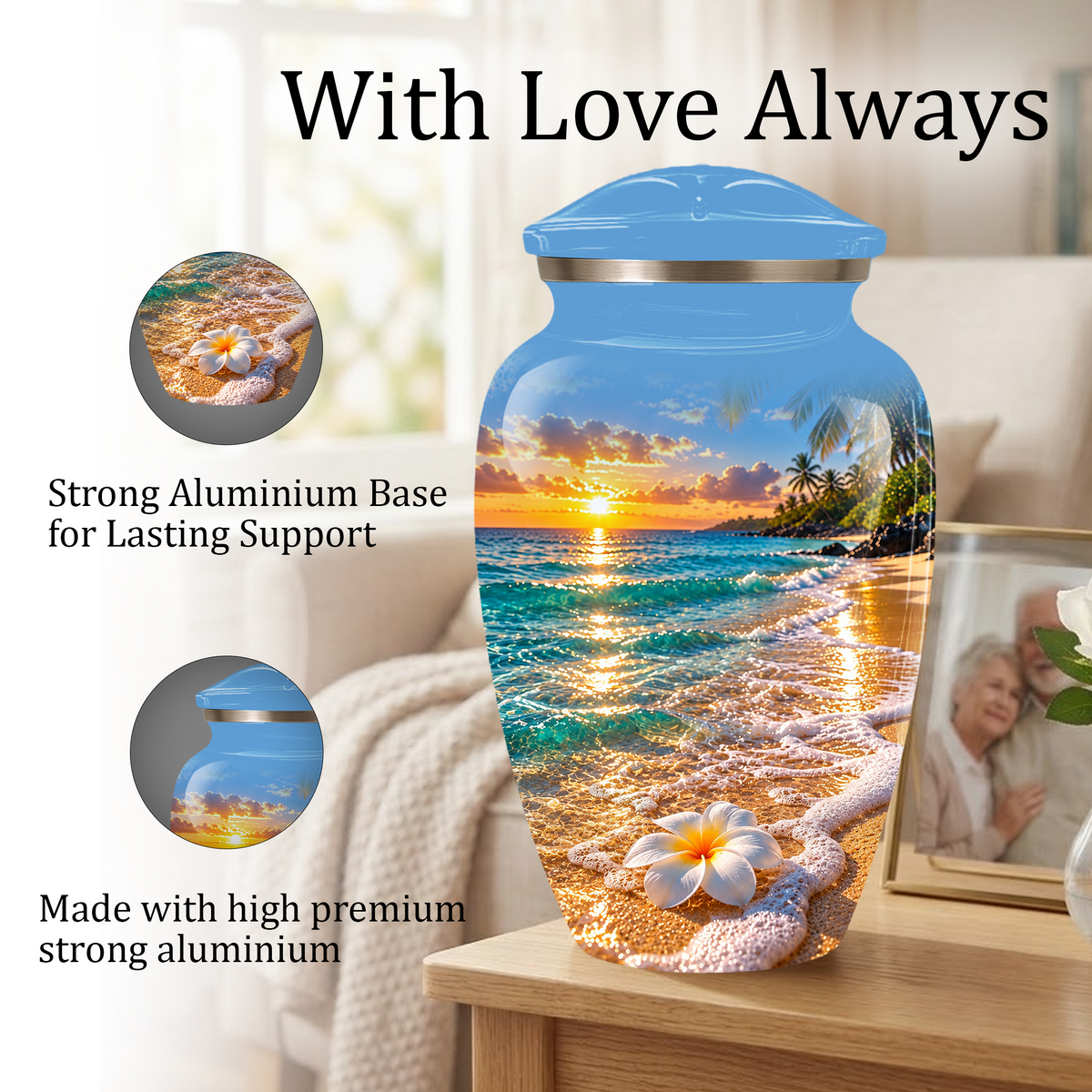 Tropical Beach Sunset Memorial Urn, Plumeria Flower Urn for Human Ashes