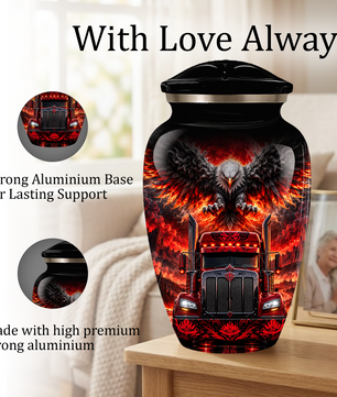 Personalized Adult Cremation Urn for Ashes, Custom Red Semi Truck and Fiery Eagle Memorial Urn, Truck Driver Urn