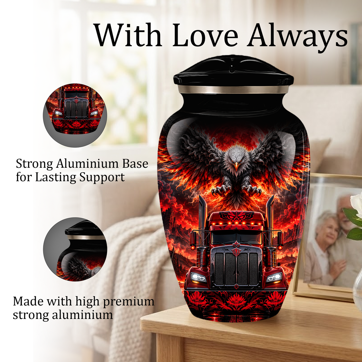 Personalized Adult Cremation Urn for Ashes, Custom Red Semi Truck and Fiery Eagle Memorial Urn, Truck Driver Urn