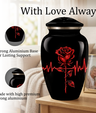 Red Rose Heartbeat Adult Urn for Ashes – Black Adult Cremation Urn, Memorial Urn for Adult Ashes