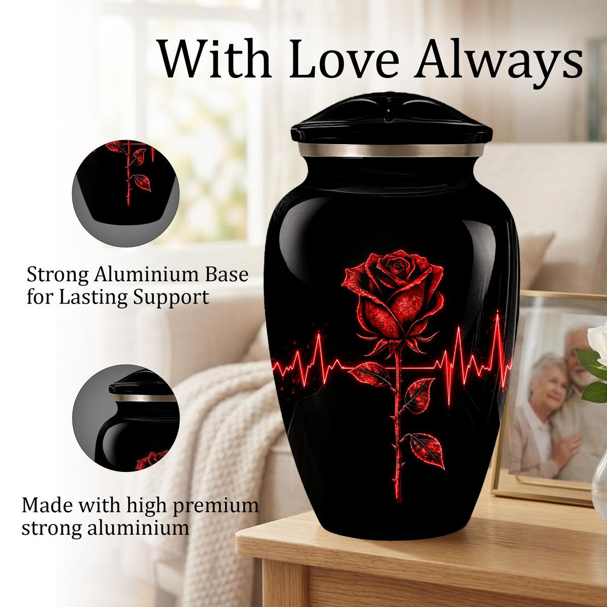 Red Rose Heartbeat Adult Urn for Ashes – Black Adult Cremation Urn, Memorial Urn for Adult Ashes