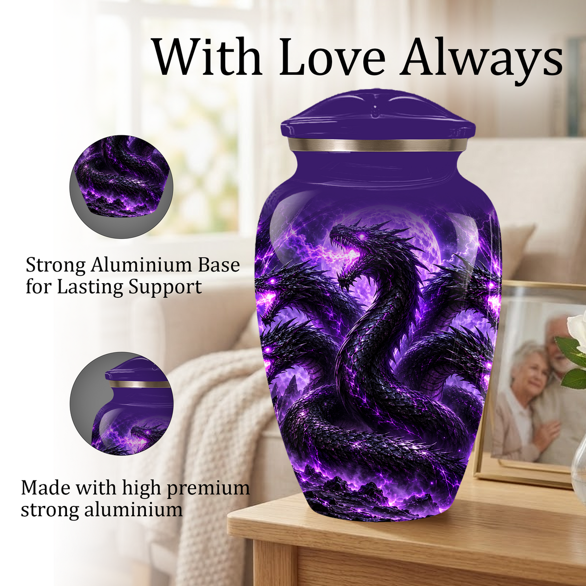 Purple Dragon Cremation Urn for Ashes | Personalized Dragon Memorial Urn | Three Headed Dragon Adult Urn