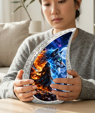 Wolf Warrior Urn for Human Ashes, Adult Cremation Urn with Blue and Fiery Wolf Artwork