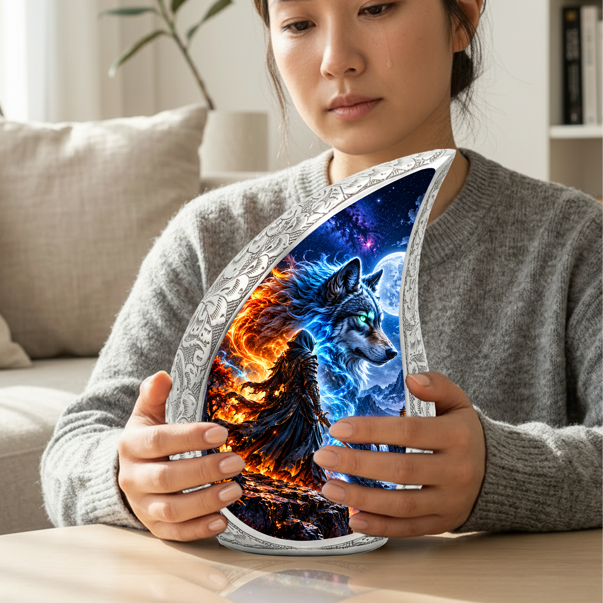 Wolf Warrior Urn for Human Ashes, Adult Cremation Urn with Blue and Fiery Wolf Artwork