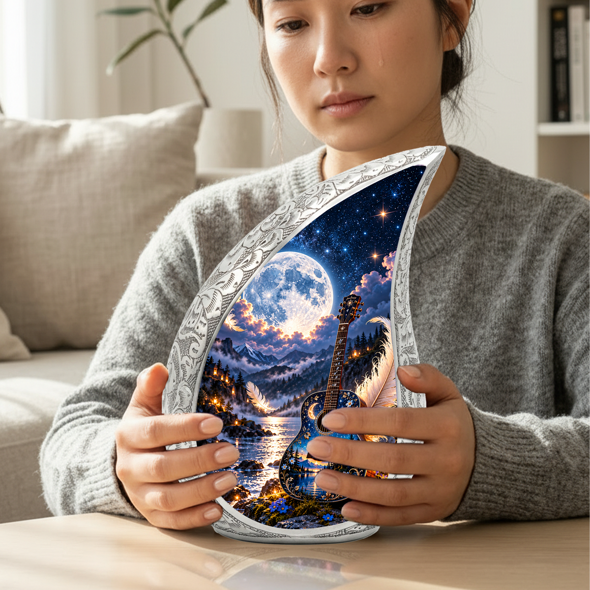 Guitar Cremation Urn for Ashes, Personalized Music Memorial Adult Urn, Celestial Moon Guitar Urn, Handmade Aluminum Cremation Urn
