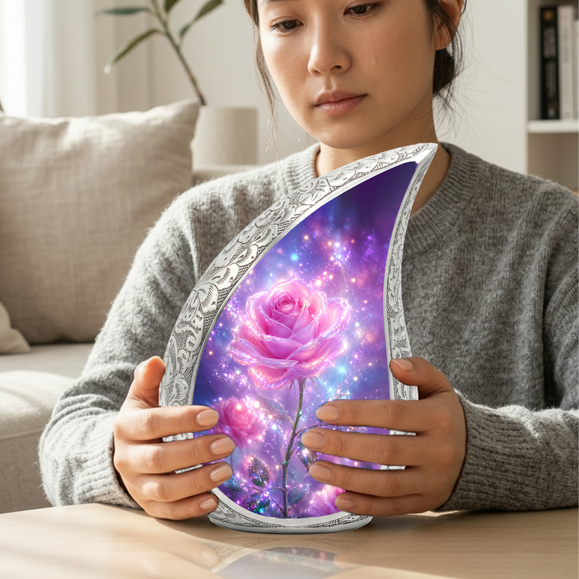 Pink Rose Memorial Urn for Mom, Floral Cremation Urn for Ashes