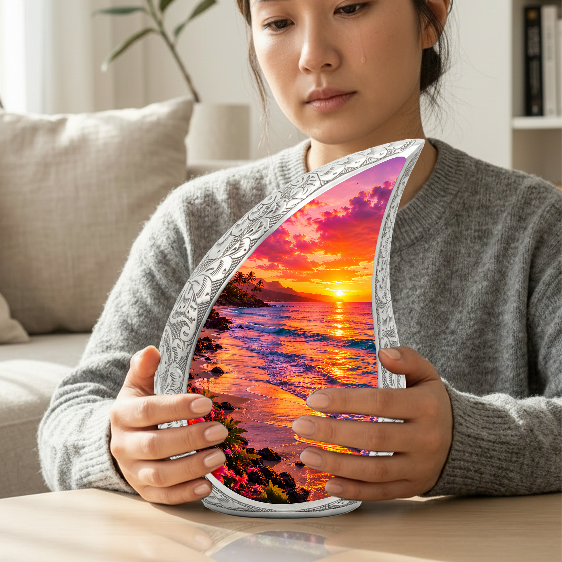 Beach Fishing Urn for Human Ashes – Ocean Sunset Cremation Urn, Adult Urn for Dad, Father & Men