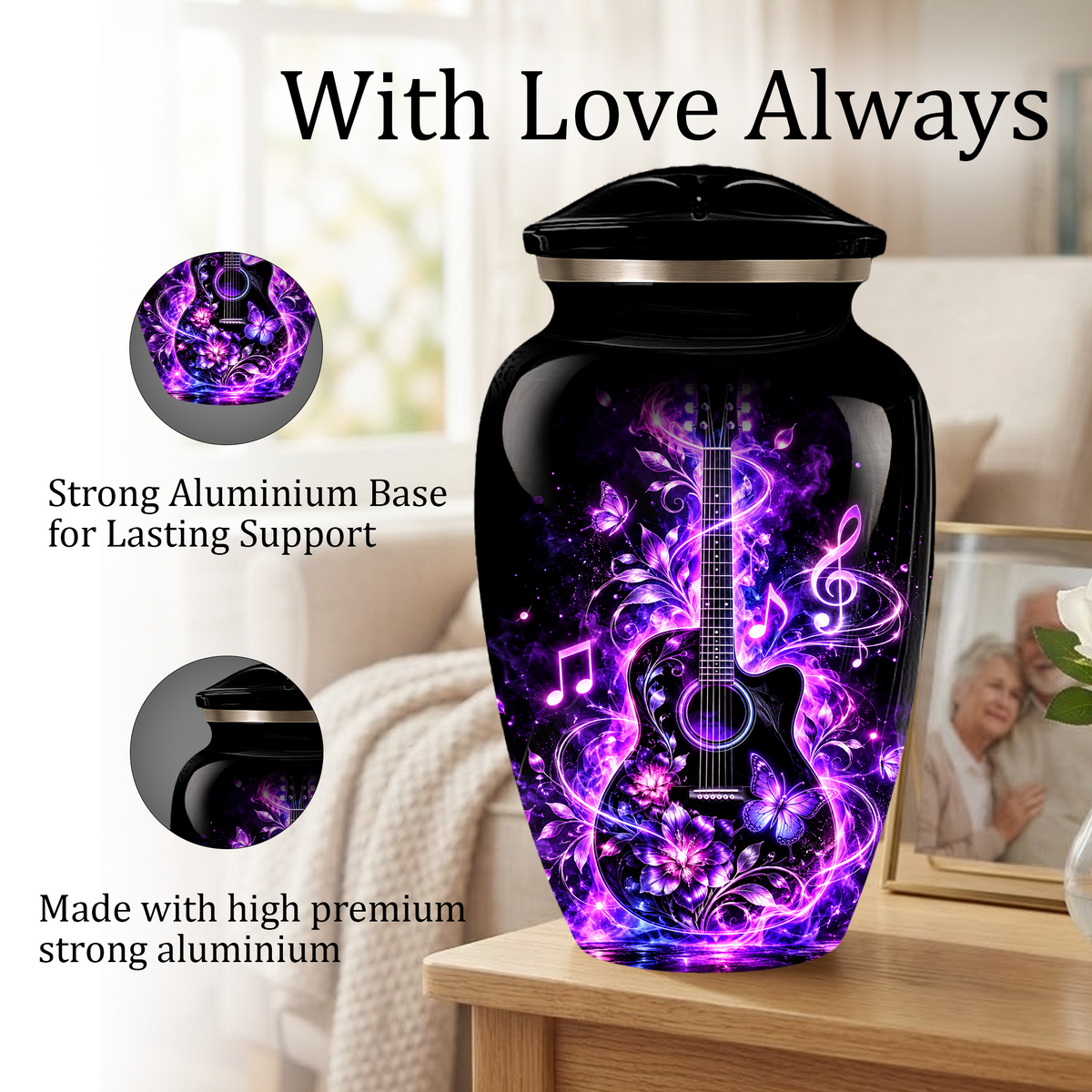 Personalized Guitar Cremation Urn for Ashes, Purple Music Memorial Urn, Custom Adult Cremation Urn