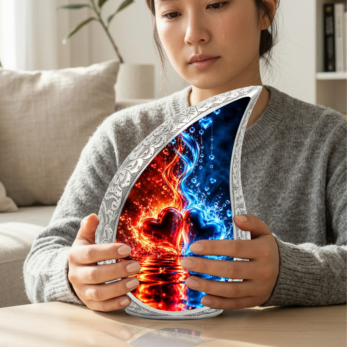 Heart Urn for Ashes, Red and Blue Hearts Aluminum Cremation Urn
