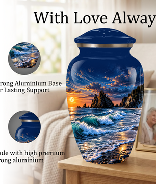 Personalized Adult Cremation Urn for Ashes, Custom Memorial Urn, Ocean Waves and Sunset Design