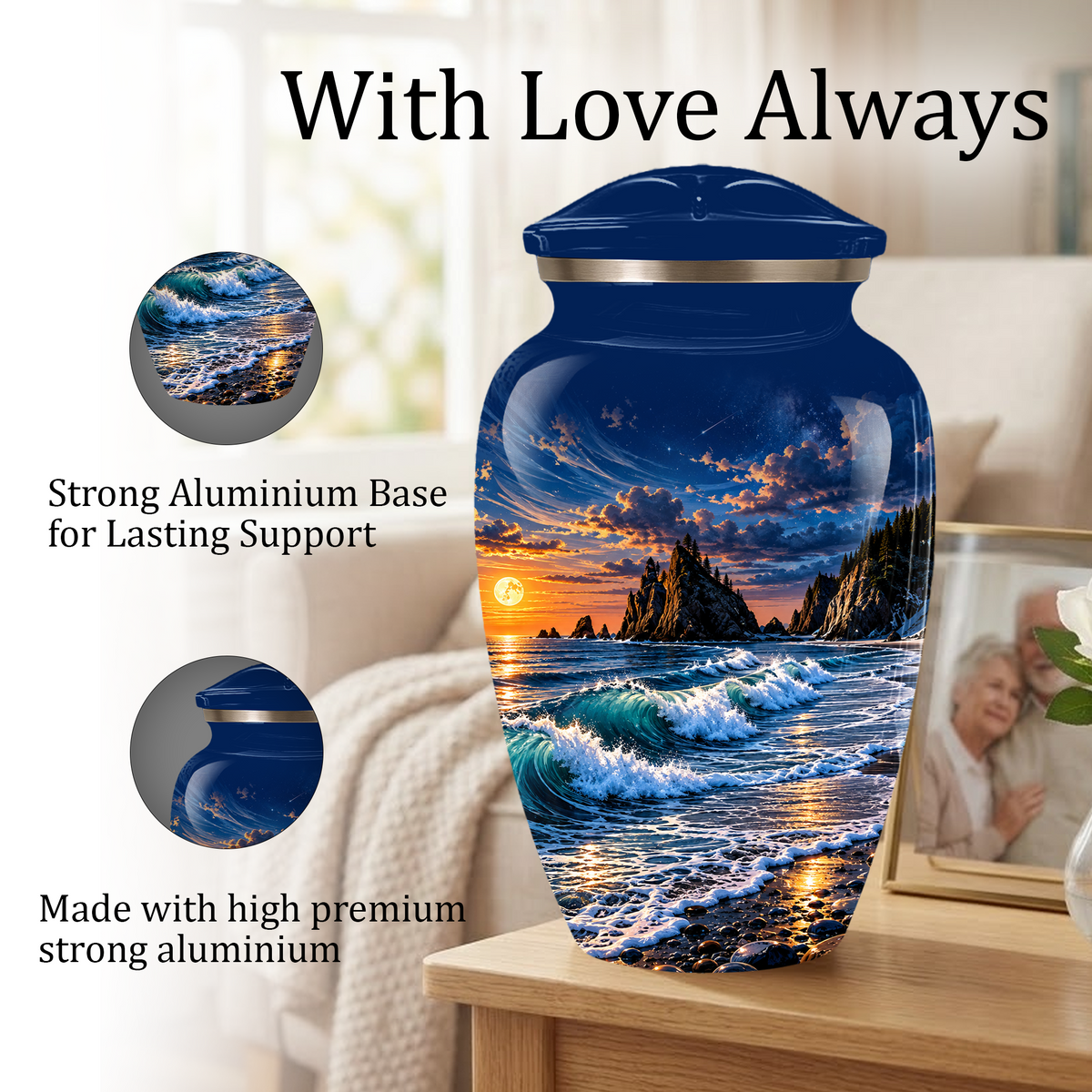 Personalized Adult Cremation Urn for Ashes, Custom Memorial Urn, Ocean Waves and Sunset Design