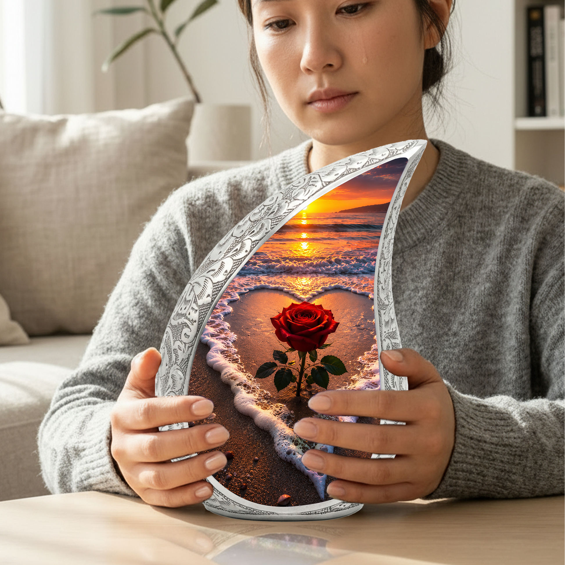 Beach Rose Cremation Urn for Human Ashes | Ocean Sunset Beach Themed Memorial Urn