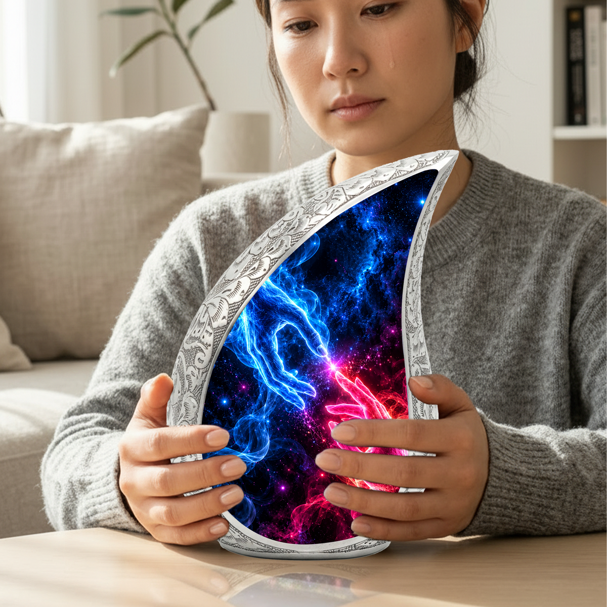 Cosmic Connection Cremation Urn for Ashes, Celestial Hands Adult Memorial Urn