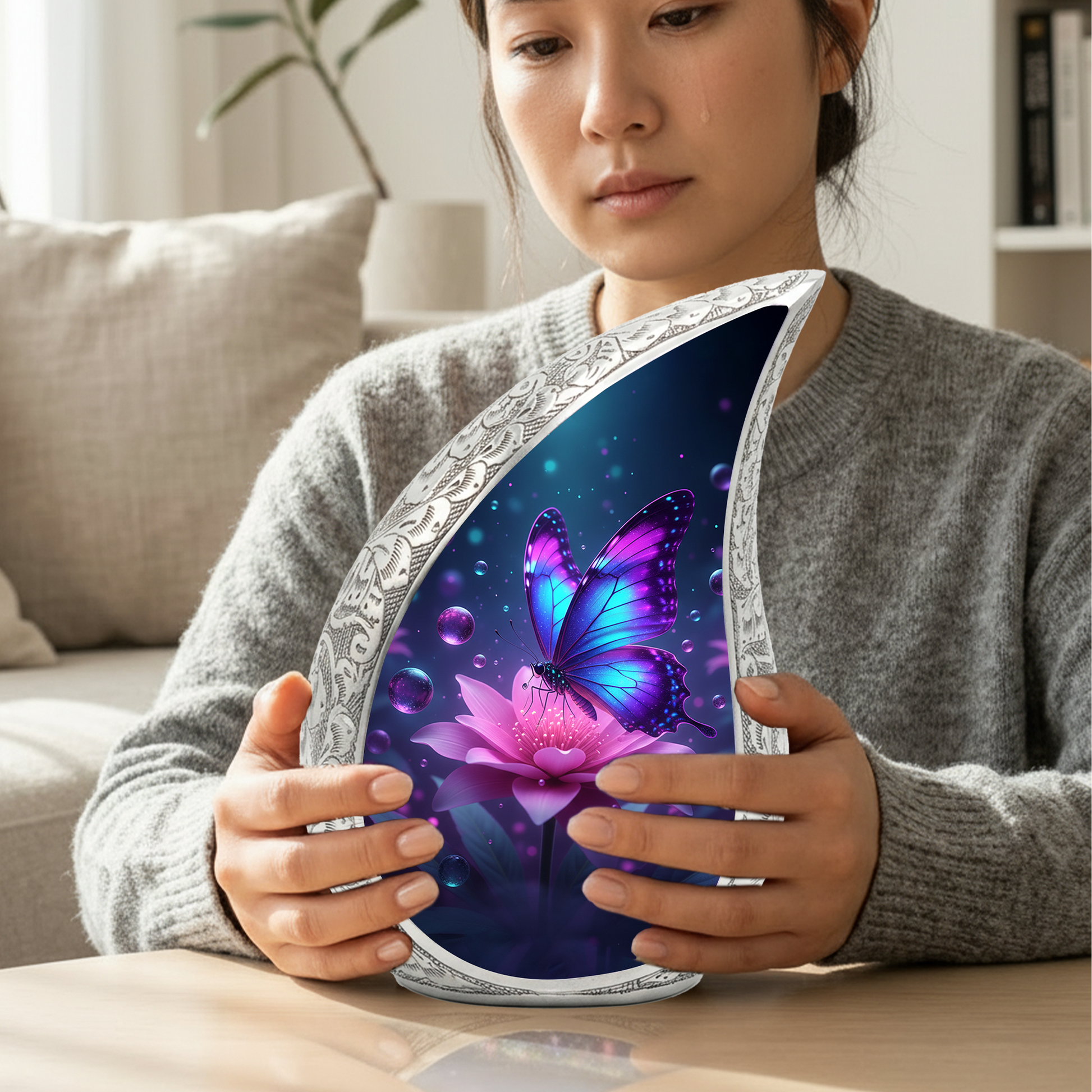 Butterfly Personalized Cremation Urn for Mom – Teardrop Style Aluminum Memorial Urn, 10 Inch