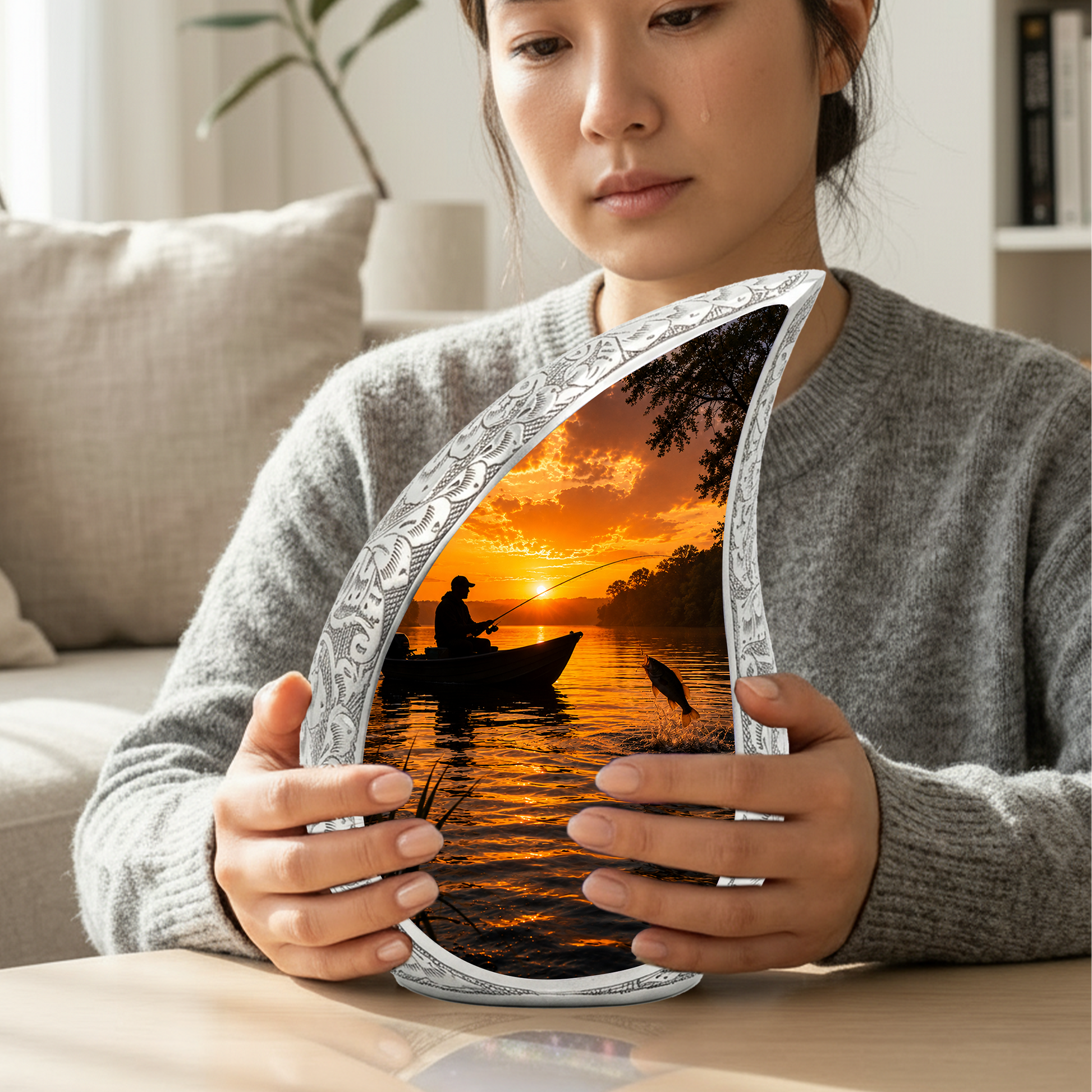 Fishing Sunset Urn for Dad – Gone Fishing Cremation Urn for Human Ashes, Adult Male Memorial