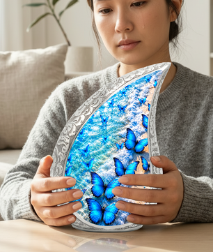 Blue Butterfly Cremation Urn for Mom - Ocean Beach Butterfly Memorial Urn