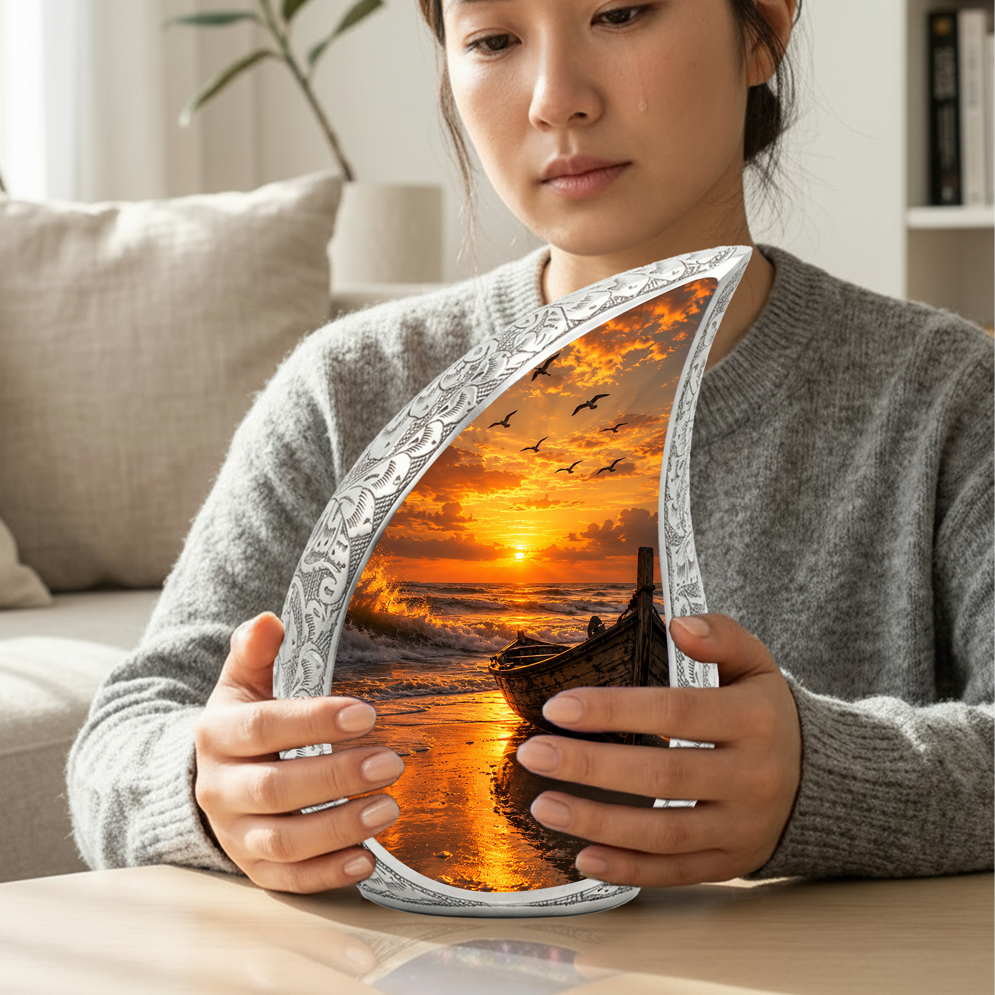 Beach Boat Cremation Urn for Human Ashes | Ocean Sunset Beach Themed Memorial Urn