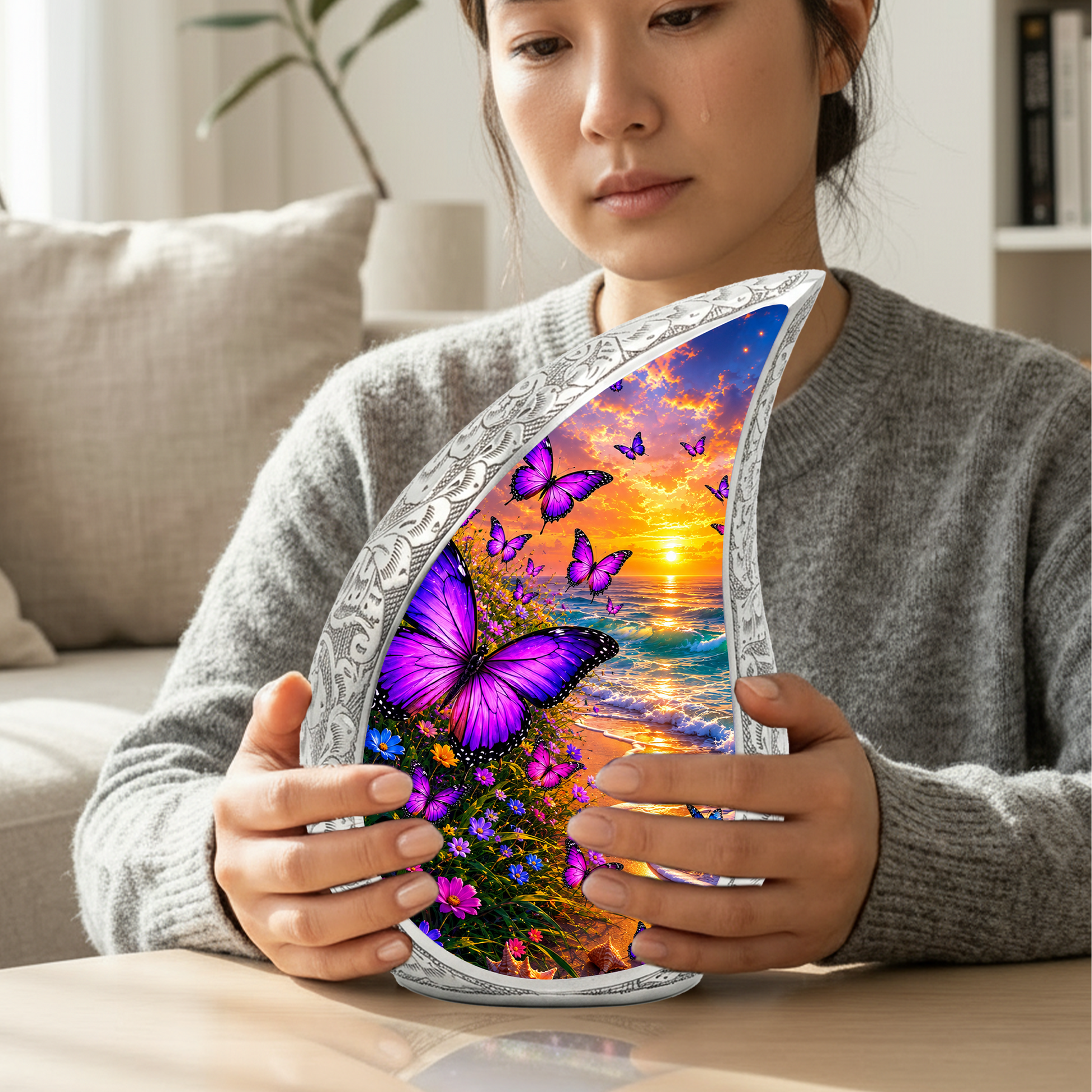 Purple Butterfly Memorial Urn for Mom, Beach Butterfly Cremation Urn for Ashes