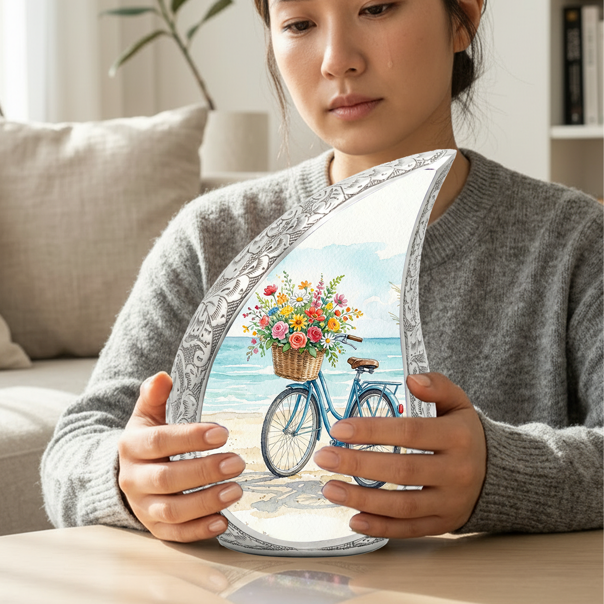 Coastal Bicycle Personalized Cremation Urn – Teardrop Style Aluminum Memorial Urn, 10 Inch