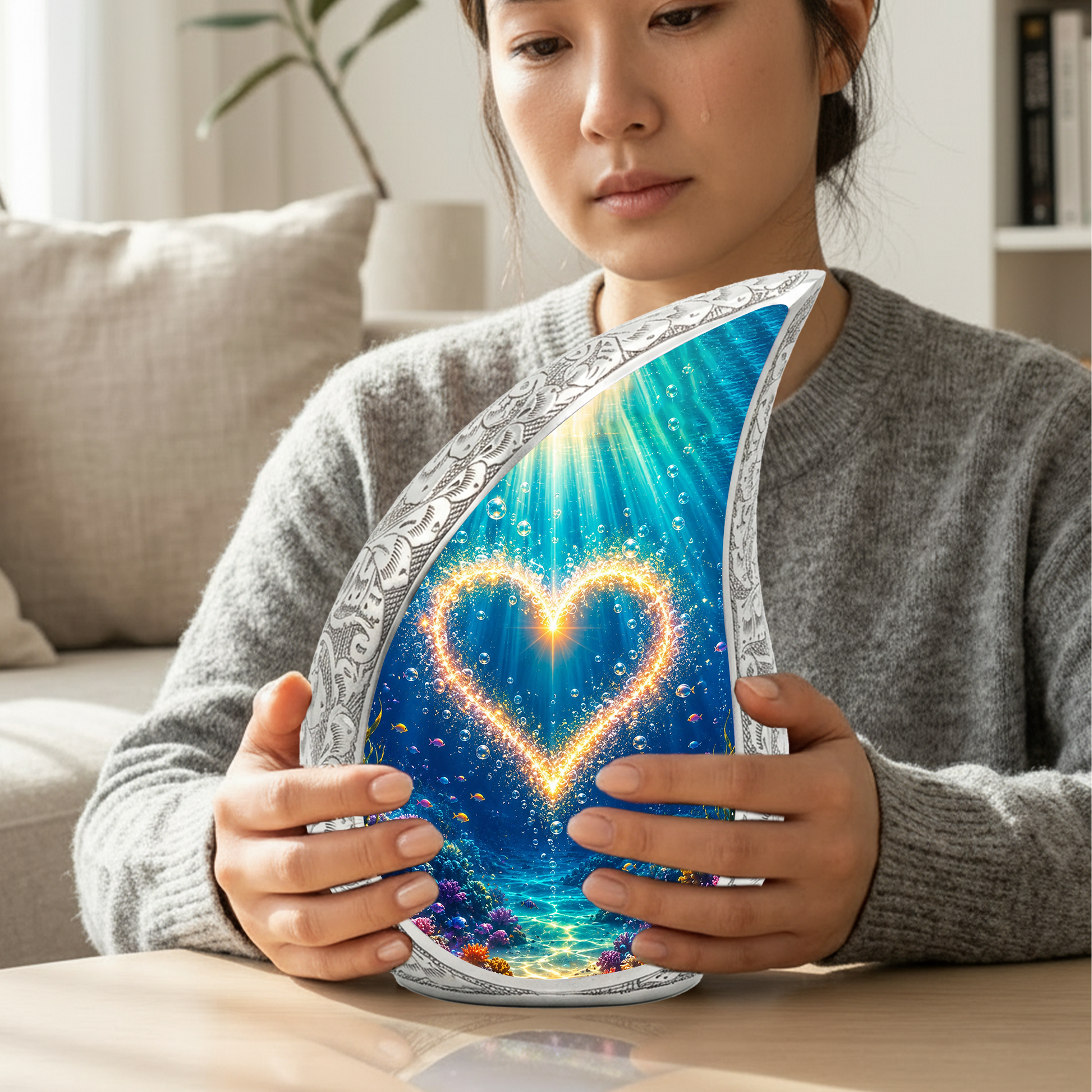 Ocean Heart Memorial Urn for Mom – Personalized Cremation Urn for Human Ashes | Underwater Heart Keepsake Urn for Women