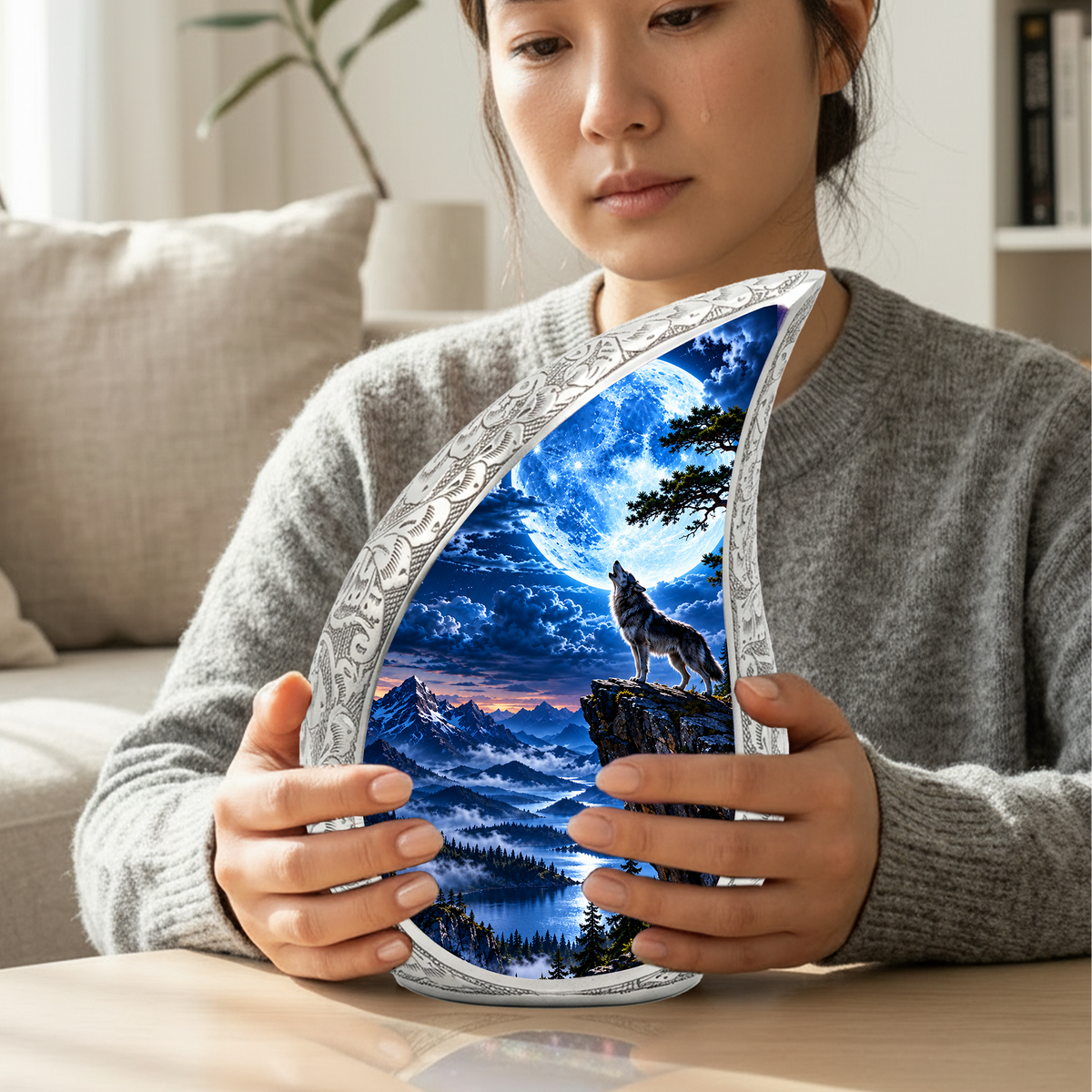 Wolf Moon Cremation Urn for Adult Ashes, Mountain Wildlife Memorial Urn, Howling Wolf Full Moon Design, Decorative Urn for Mom or Dad