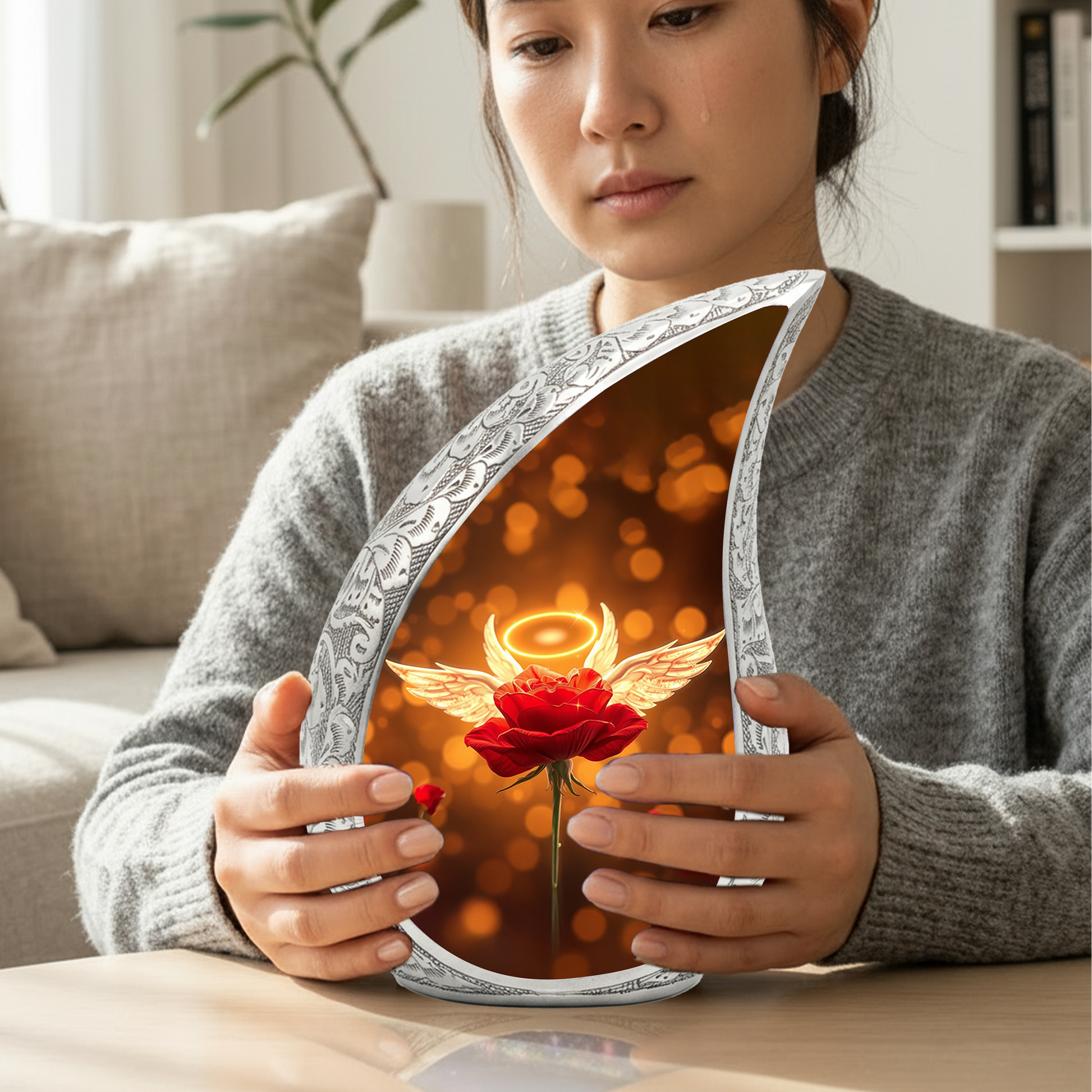 Angel Rose Personalized Cremation Urn – Teardrop Memorial Urn for Ashes | 10 Inch Aluminum Urn
