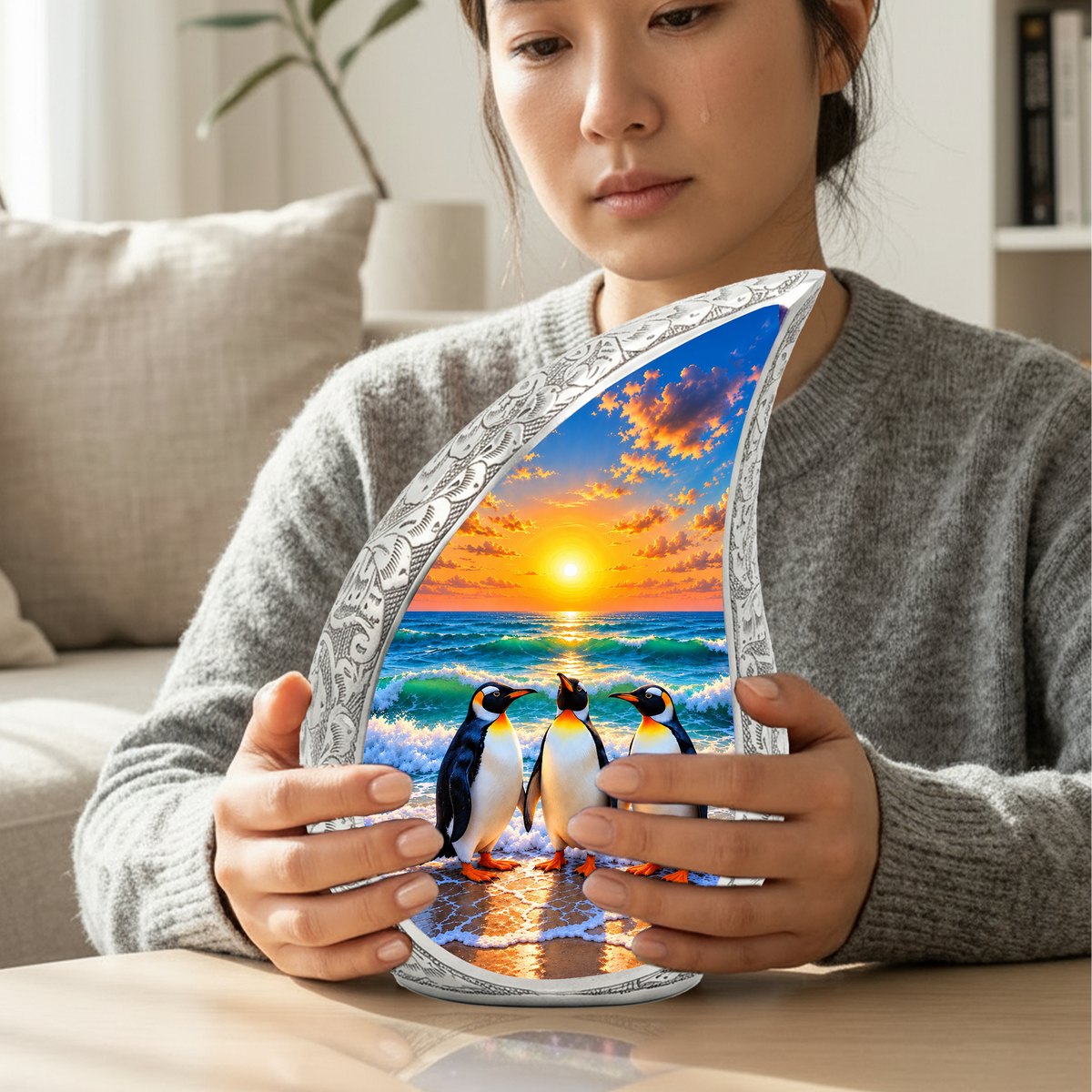 Penguin Cremation Urn for Ashes, Beach Sunset Memorial Urn, Adult Aluminum Cremation Urn