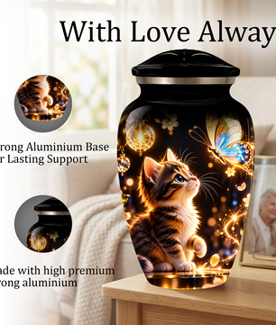 Kitten and Butterfly Cremation Urn for Adult Ashes, Personalized Cat Memorial Urn