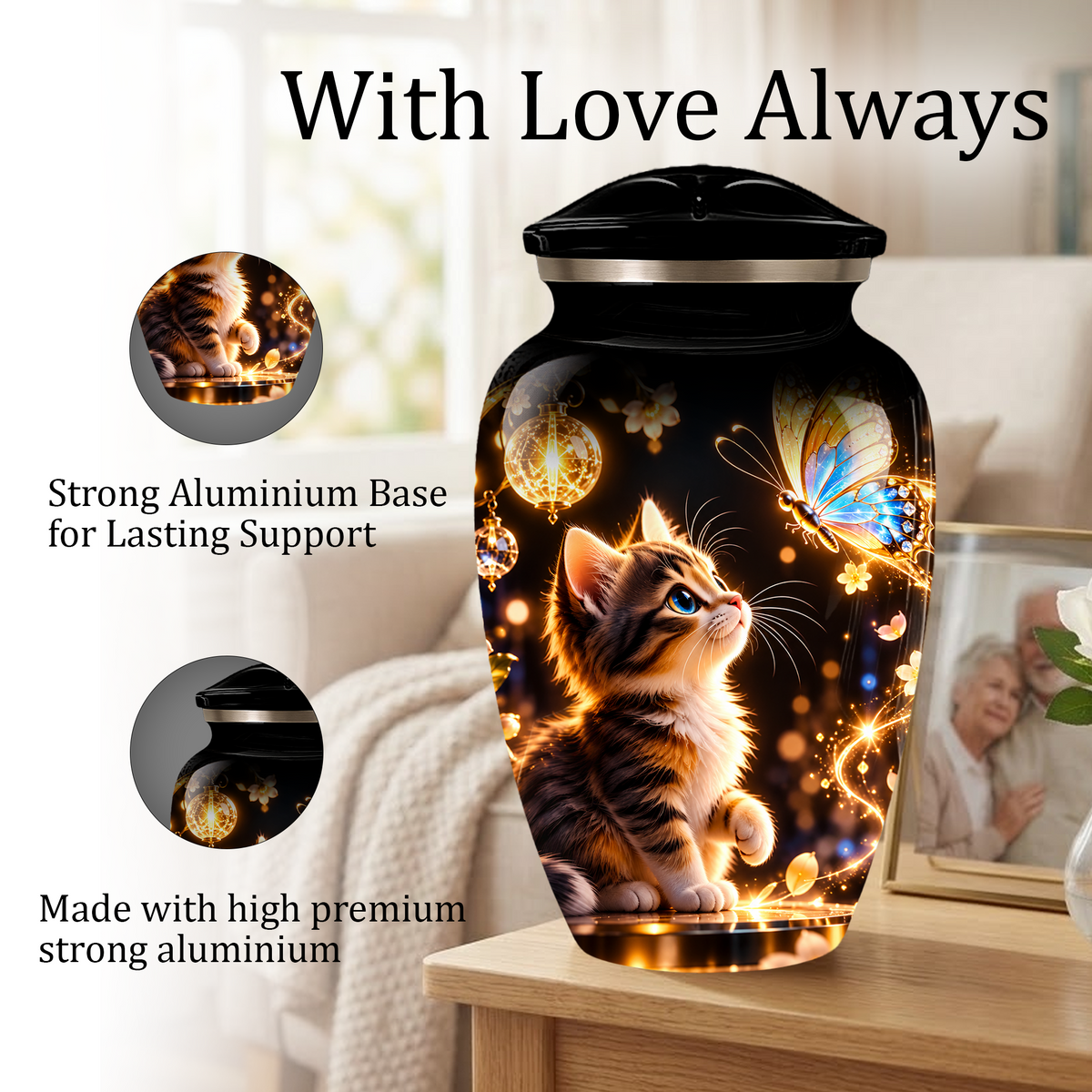 Kitten and Butterfly Cremation Urn for Adult Ashes, Personalized Cat Memorial Urn