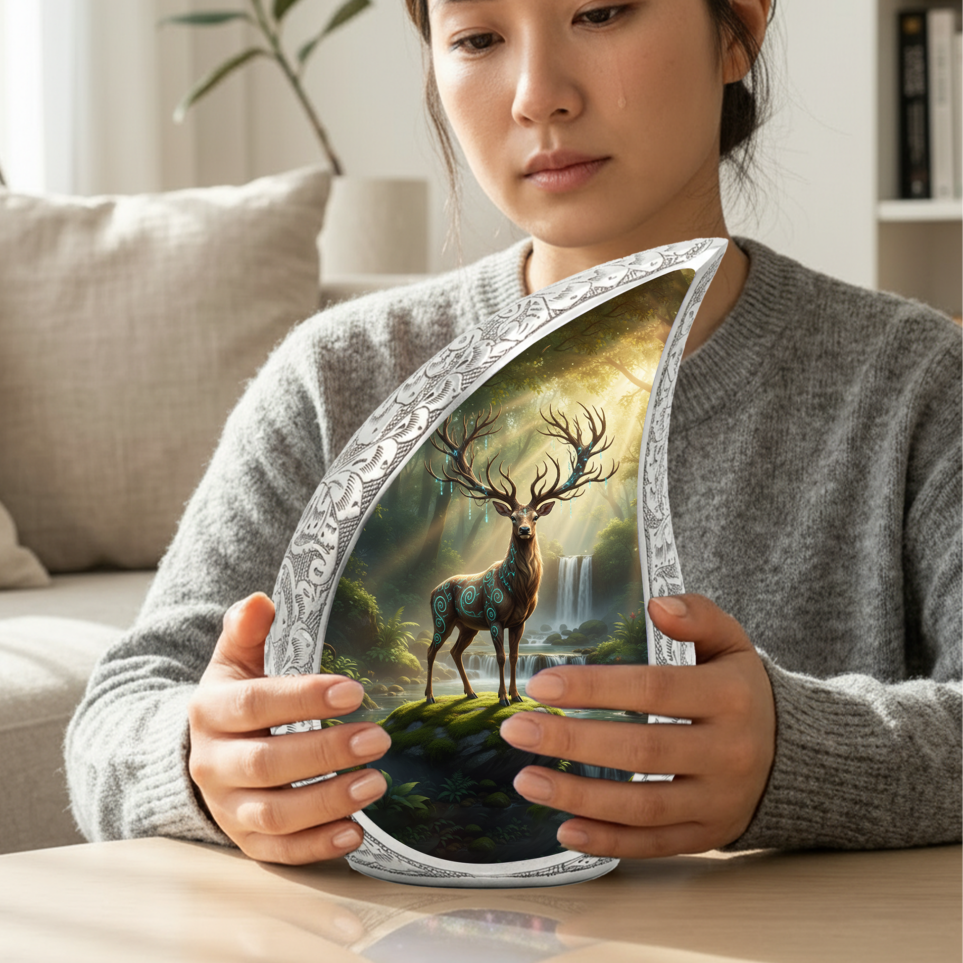Personalized Deer Forest Memorial Urn – Teardrop Memorial Urn for Ashes | 10 Inch Aluminum Adult Urn