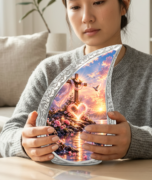 Christian Cross Cremation Urn for Adult Ashes, Sunset Memorial Urn with Dove and Glowing Heart, Religious Urn for Mom or Dad