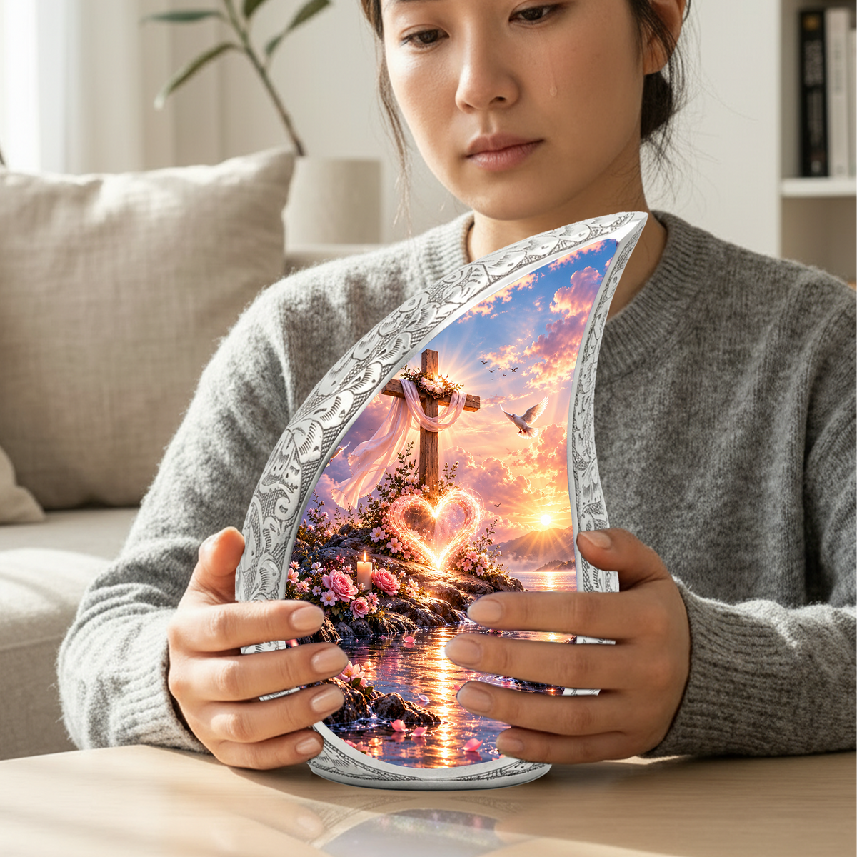 Christian Cross Cremation Urn for Adult Ashes, Sunset Memorial Urn with Dove and Glowing Heart, Religious Urn for Mom or Dad