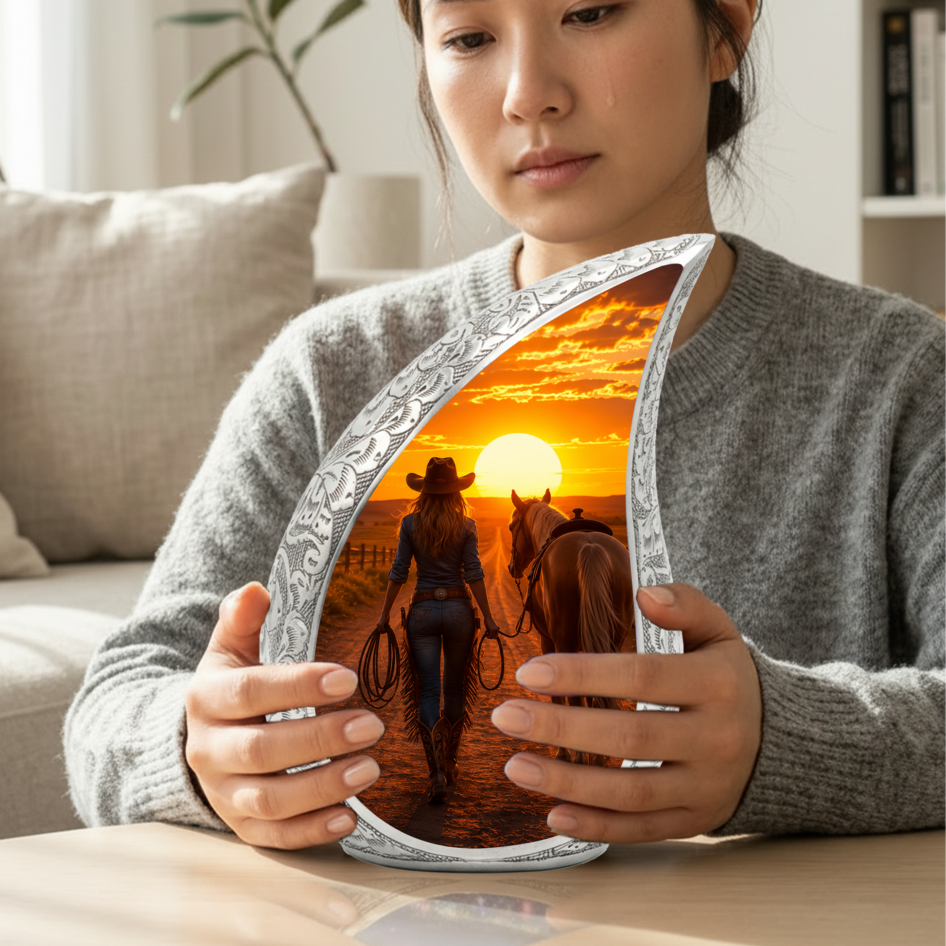 Cowgirl Sunset Urn for Mom – Western Horse Cremation Urn for Human Ashes