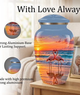 Flamingo Cremation Urn for Ashes, Romantic Beach Sunset Design, Custom Urn for Loved Ones