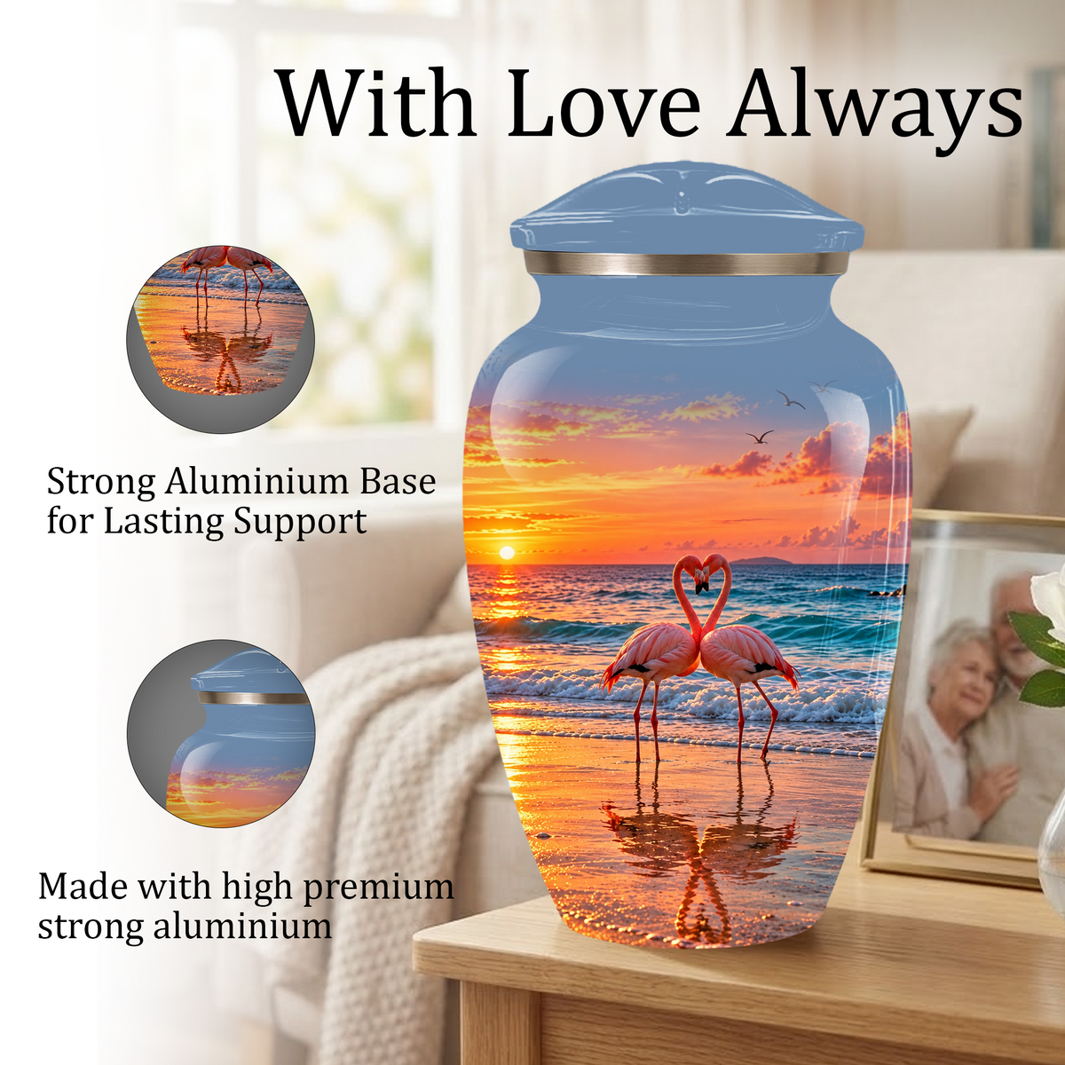 Flamingo Cremation Urn for Ashes, Romantic Beach Sunset Design, Custom Urn for Loved Ones