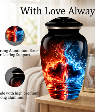 Red and Blue Heart Cremation Urn for Adult Ashes, Personalized Memorial Urn with Fire and Water Design