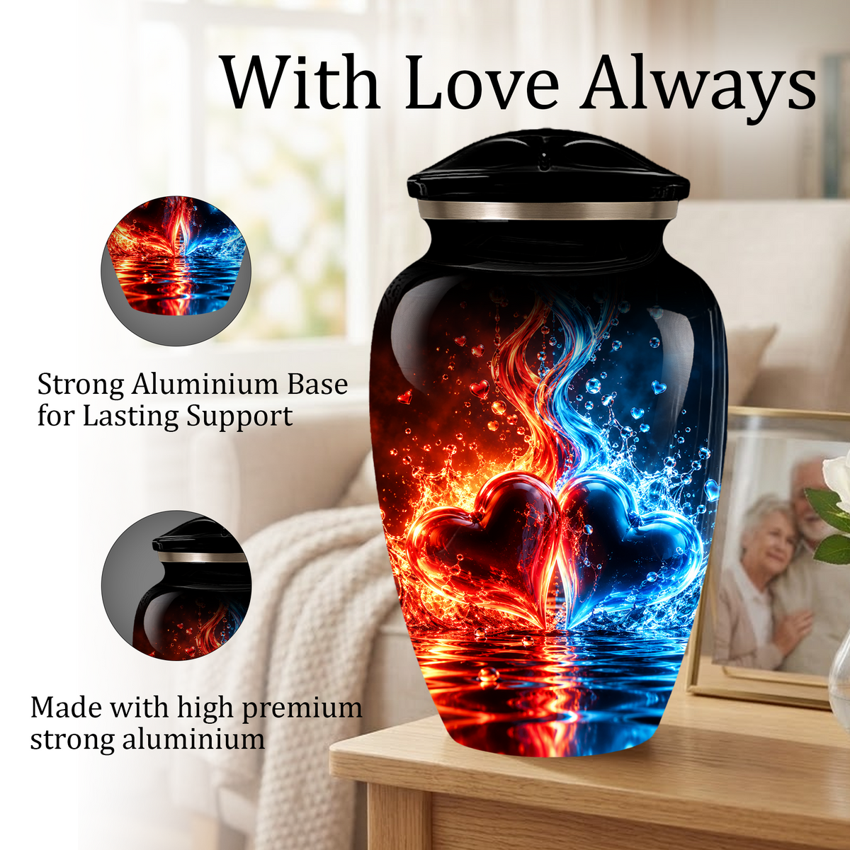 Red and Blue Heart Cremation Urn for Adult Ashes, Personalized Memorial Urn with Fire and Water Design