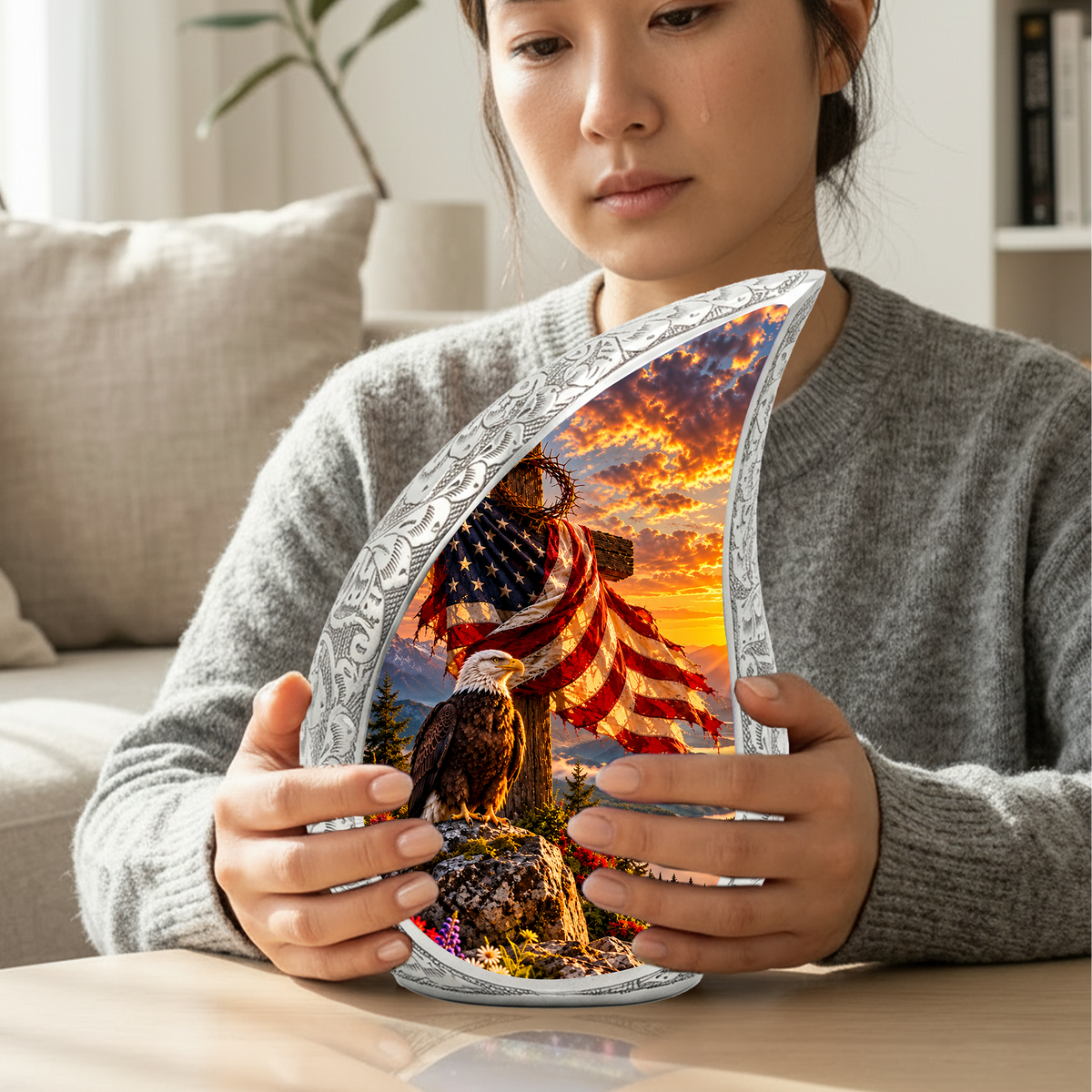 Christian Cremation Urn for Adult Ashes, Jesus Cross and American Flag Memorial Urn