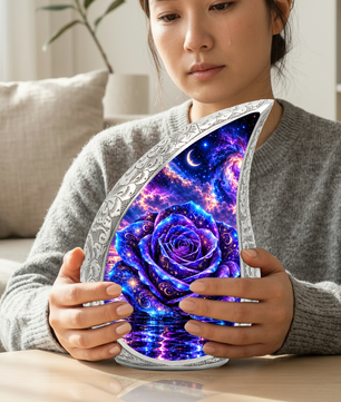 Purple Rose Cremation Urn for Adult Ashes, Celestial Floral Memorial Urn, Decorative Adult Cremation Urn with Blue Velvet Bag