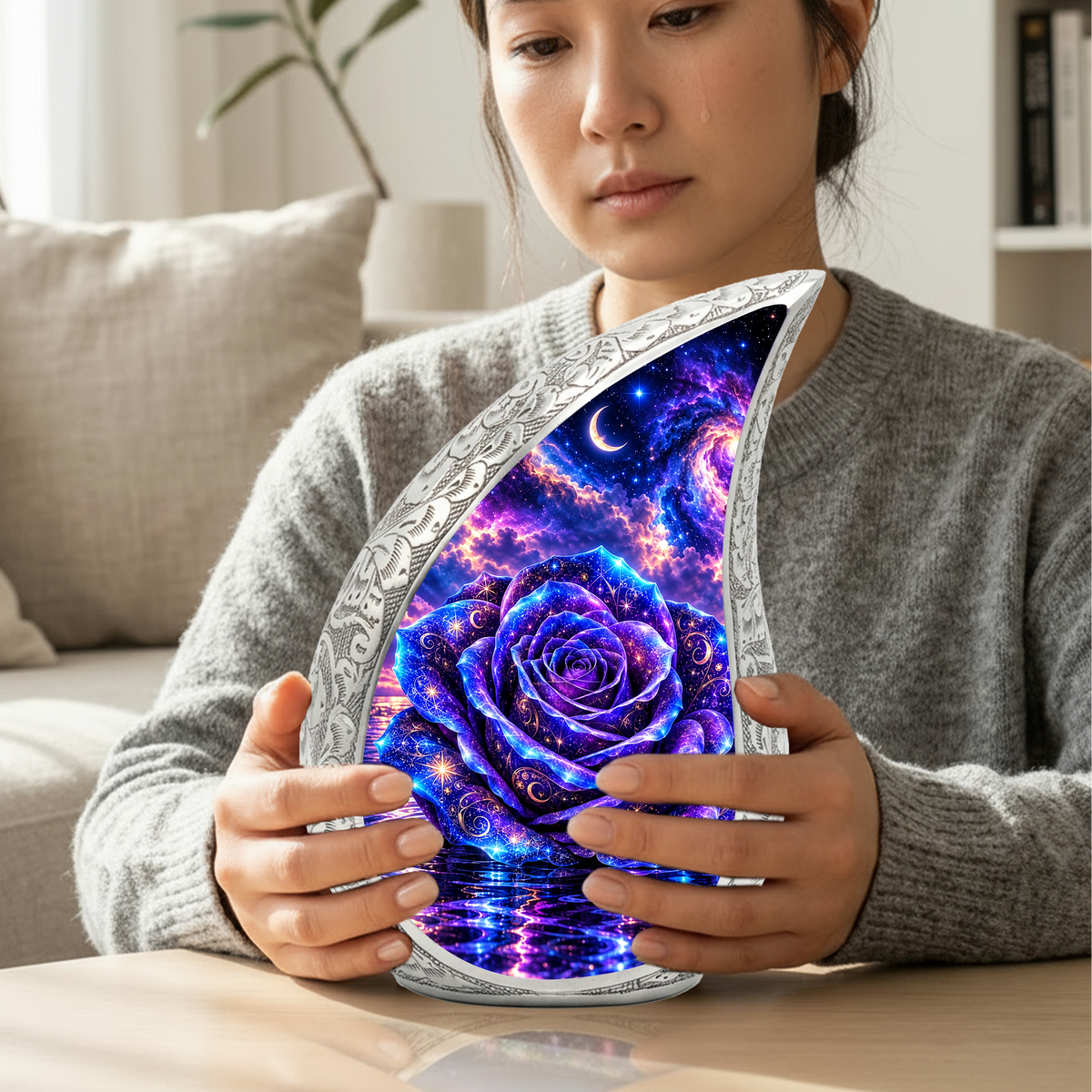Purple Rose Cremation Urn for Adult Ashes, Celestial Floral Memorial Urn, Decorative Adult Cremation Urn with Blue Velvet Bag