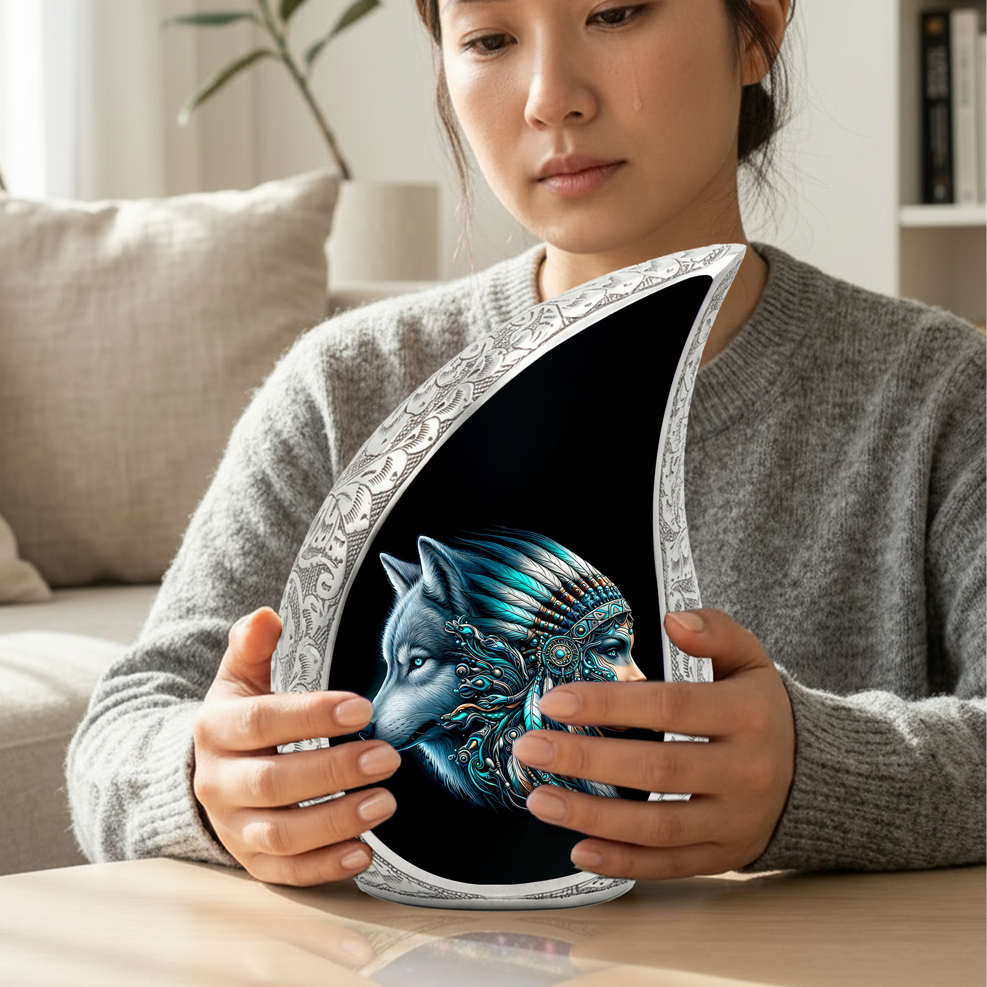 Native American Woman Urn for Mom with Wolf Spirit Art – Personalized Memorial Urn for Human Ashes