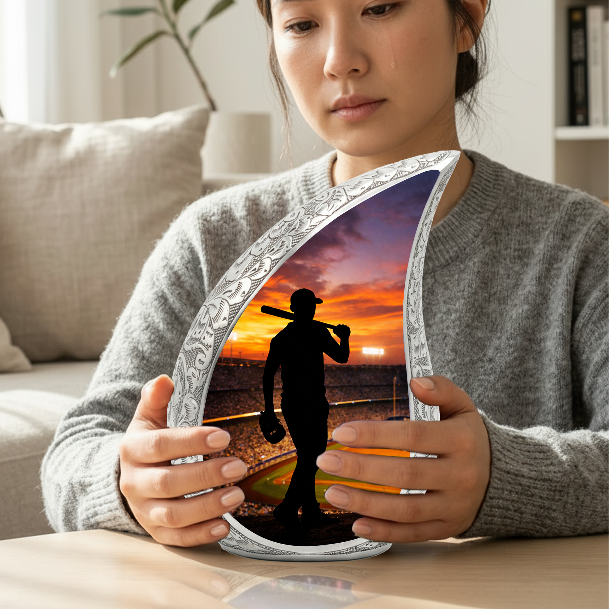 Baseball Personalized Cremation Urn – Teardrop Style Aluminum Memorial Urn, 10 Inch