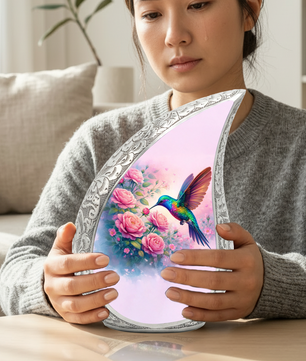 Personalized Hummingbird Cremation Urn – Custom Rose Memorial Urn for Ashes, Floral Teardrop Aluminum Adult Urn, 10 Inch