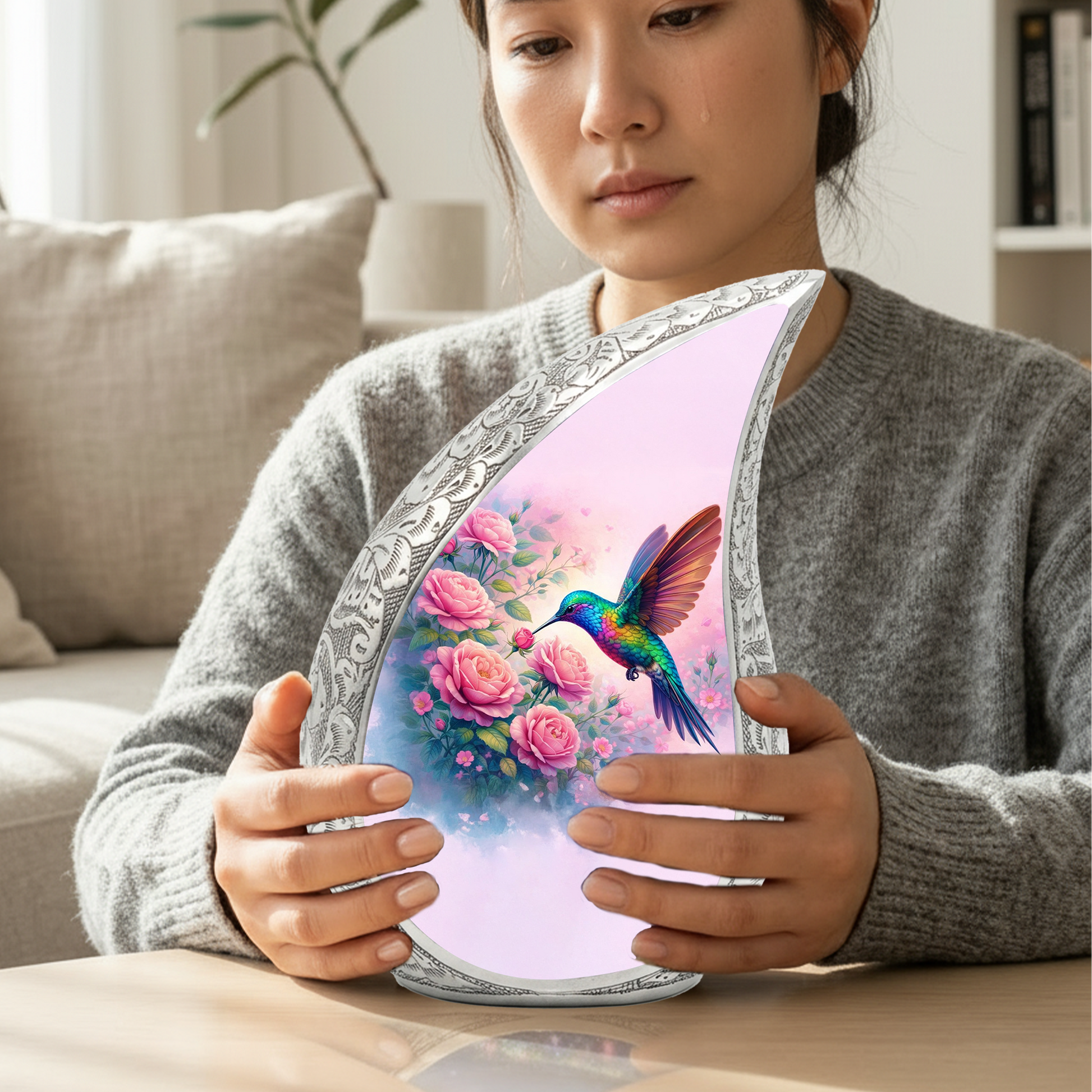 Personalized Hummingbird Cremation Urn – Custom Rose Memorial Urn for Ashes, Floral Teardrop Aluminum Adult Urn, 10 Inch