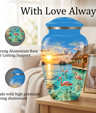 Adult Cremation Urn for Ashes, Personalized Aluminum Adult Urn, Tropical Beach Flamingo Memorial Urn