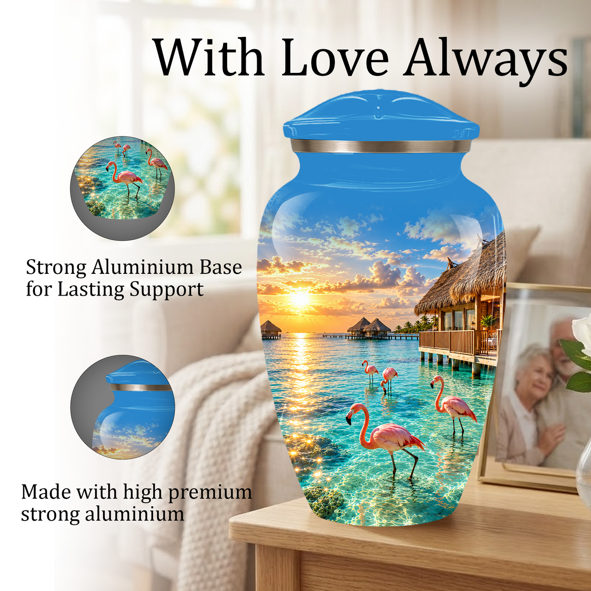 Adult Cremation Urn for Ashes, Personalized Aluminum Adult Urn, Tropical Beach Flamingo Memorial Urn