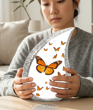 Butterfly Personalized Cremation Urn – Teardrop Style Aluminum Memorial Urn, 10 Inch