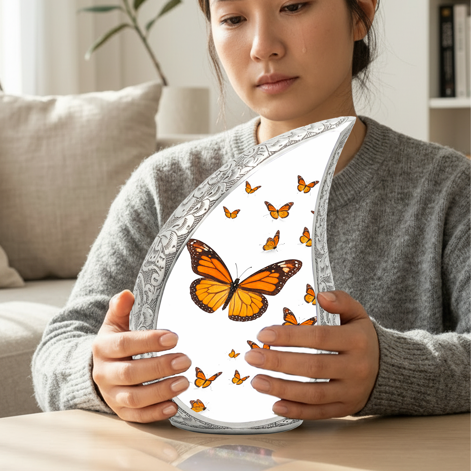 Butterfly Personalized Cremation Urn – Teardrop Style Aluminum Memorial Urn, 10 Inch
